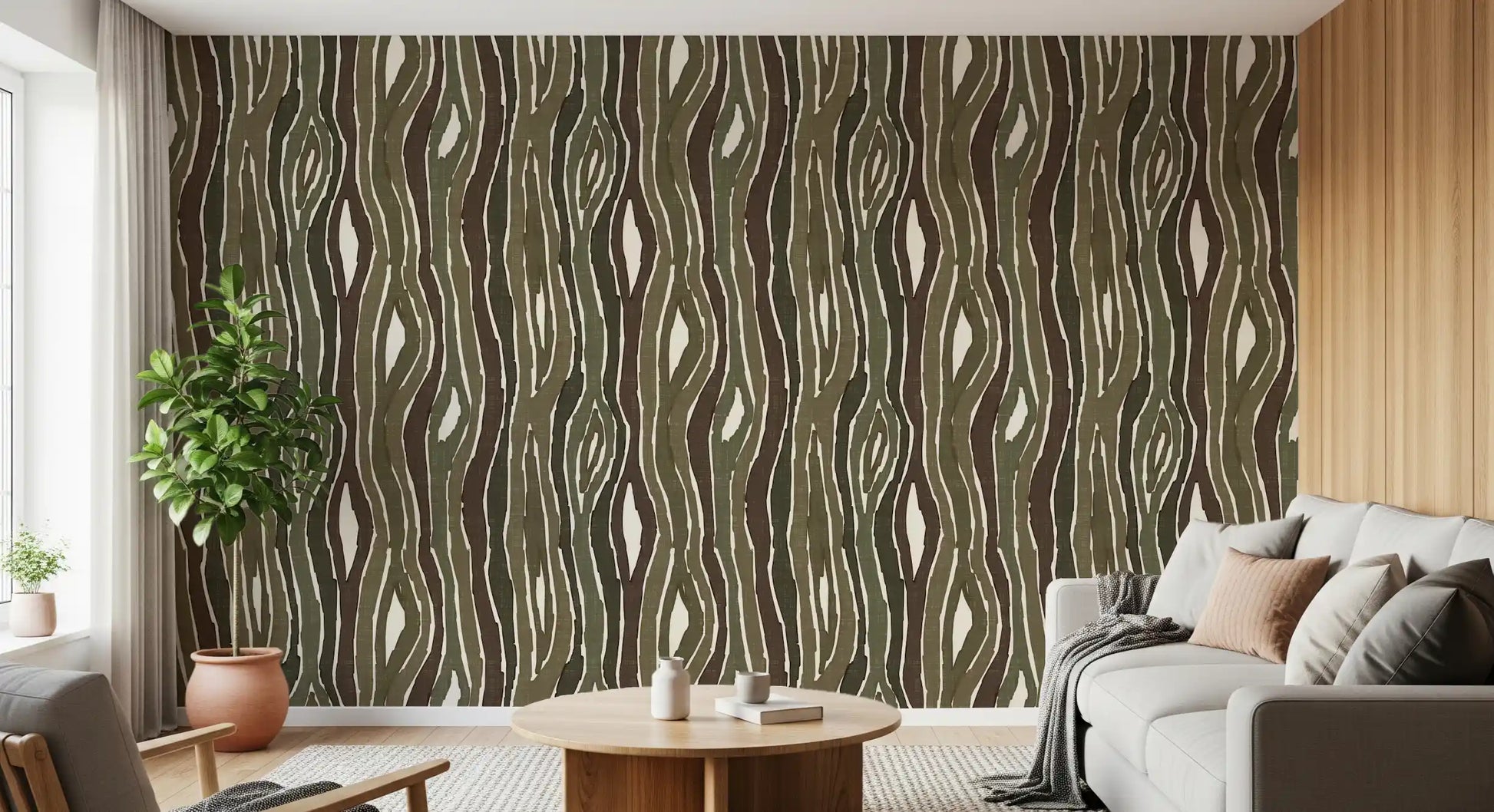 Organic Wavy Woodgrain Vertical Stripes - Earthy Moss Wallpaper⁠