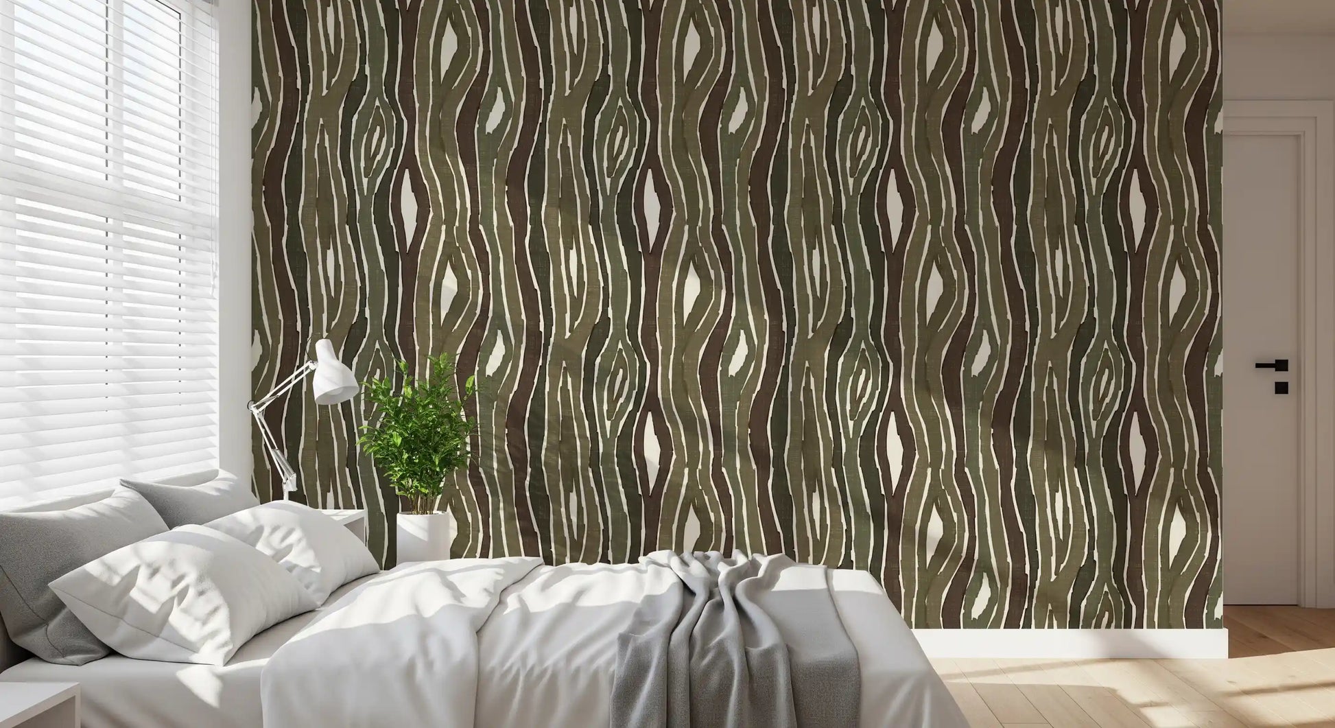Organic Wavy Woodgrain Vertical Stripes - Earthy Moss Wallpaper⁠