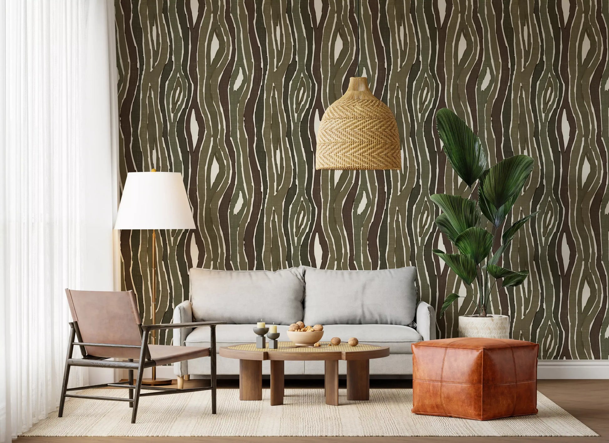 Organic Wavy Woodgrain Vertical Stripes - Earthy Moss Wallpaper⁠