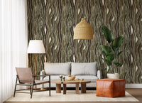 Organic Wavy Woodgrain Vertical Stripes - Earthy Moss Wallpaper⁠
