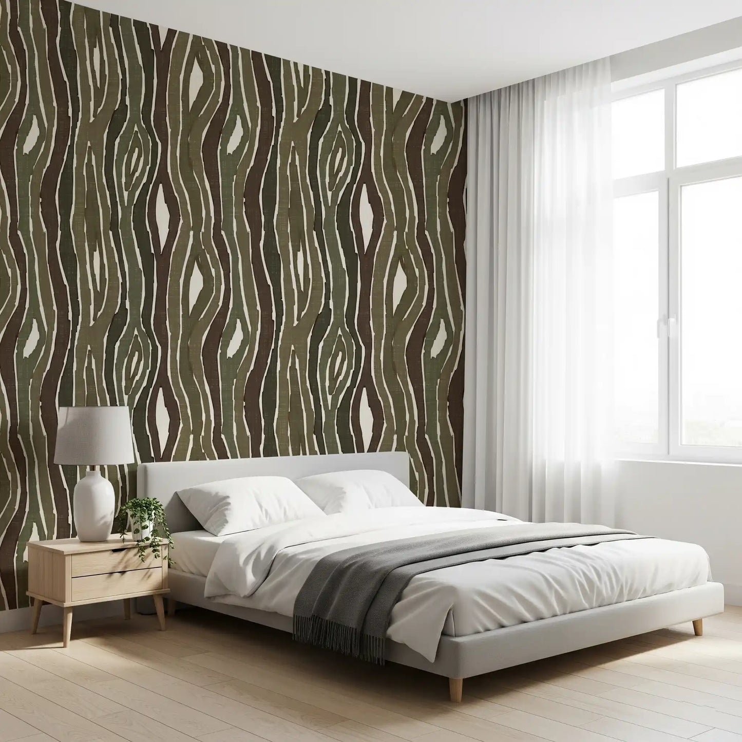Organic Wavy Woodgrain Vertical Stripes - Earthy Moss Wallpaper⁠