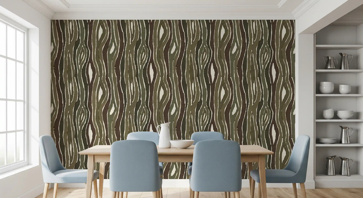 Organic Wavy Woodgrain Vertical Stripes - Earthy Moss Wallpaper⁠