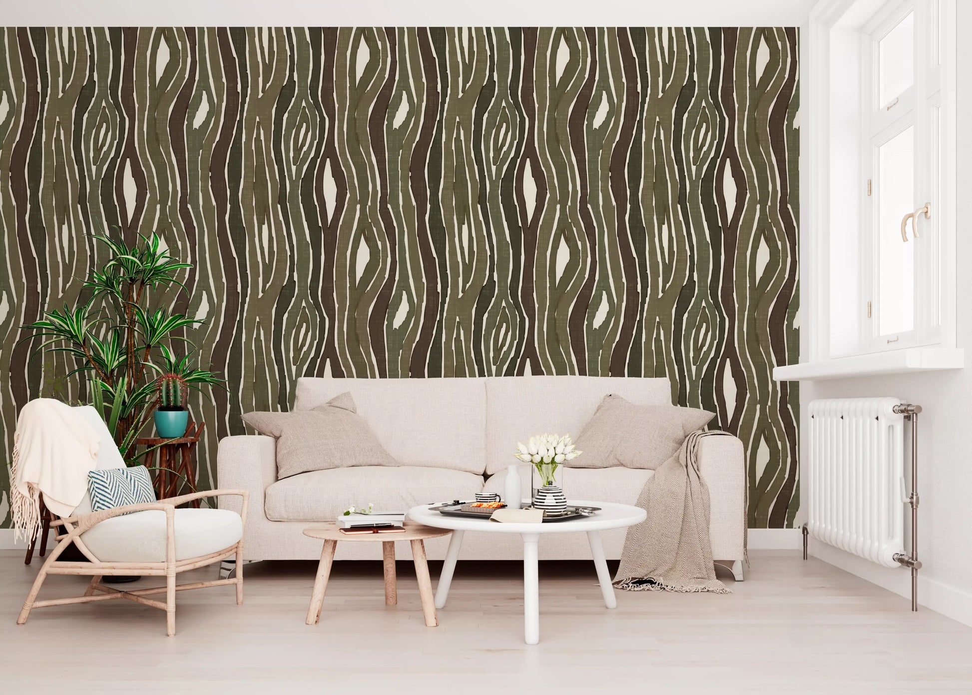 Organic Wavy Woodgrain Vertical Stripes - Earthy Moss Wallpaper⁠
