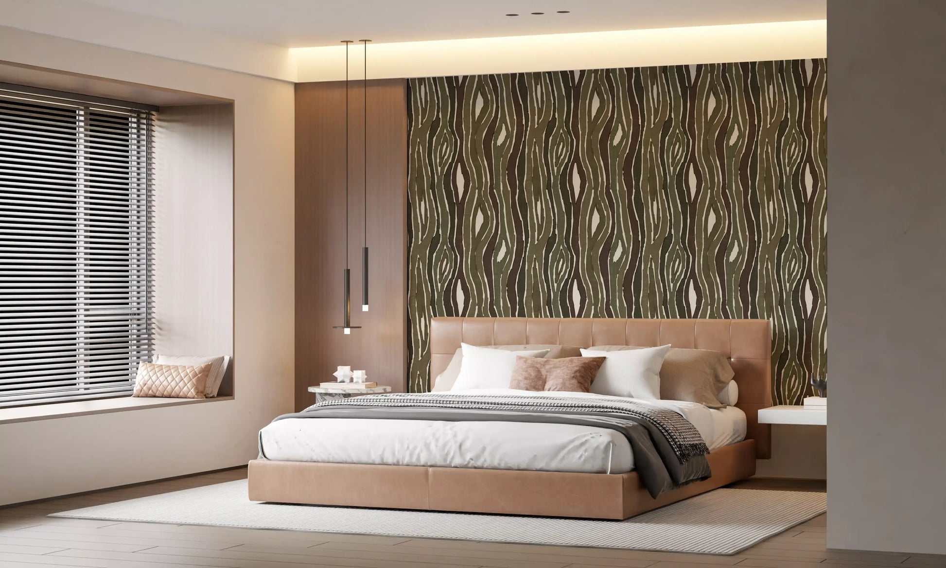 Organic Wavy Woodgrain Vertical Stripes - Earthy Moss Wallpaper⁠