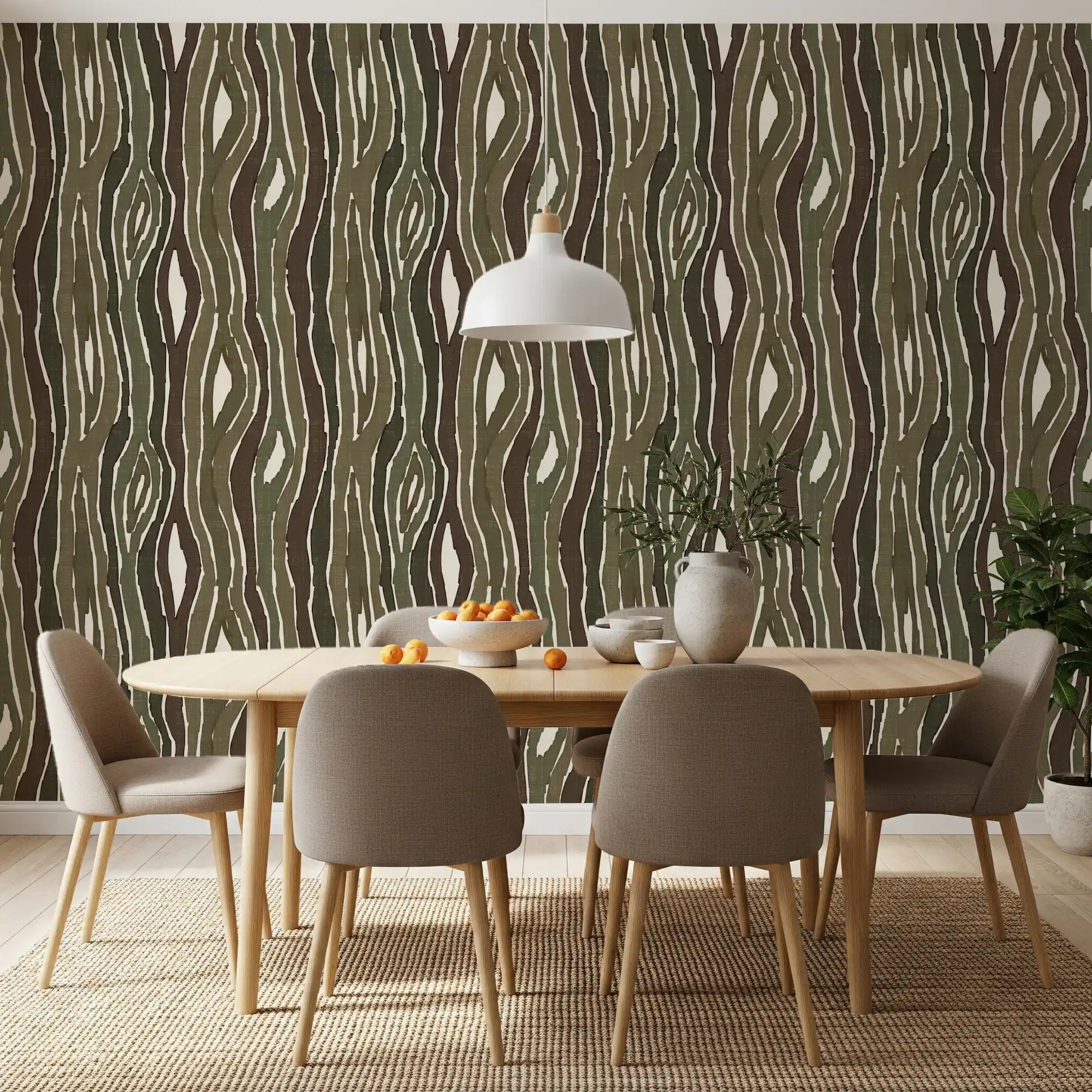 Dining room offset by Organic Wavy Woodgrain Stripes Earthy Moss Wallpaper, GD10714