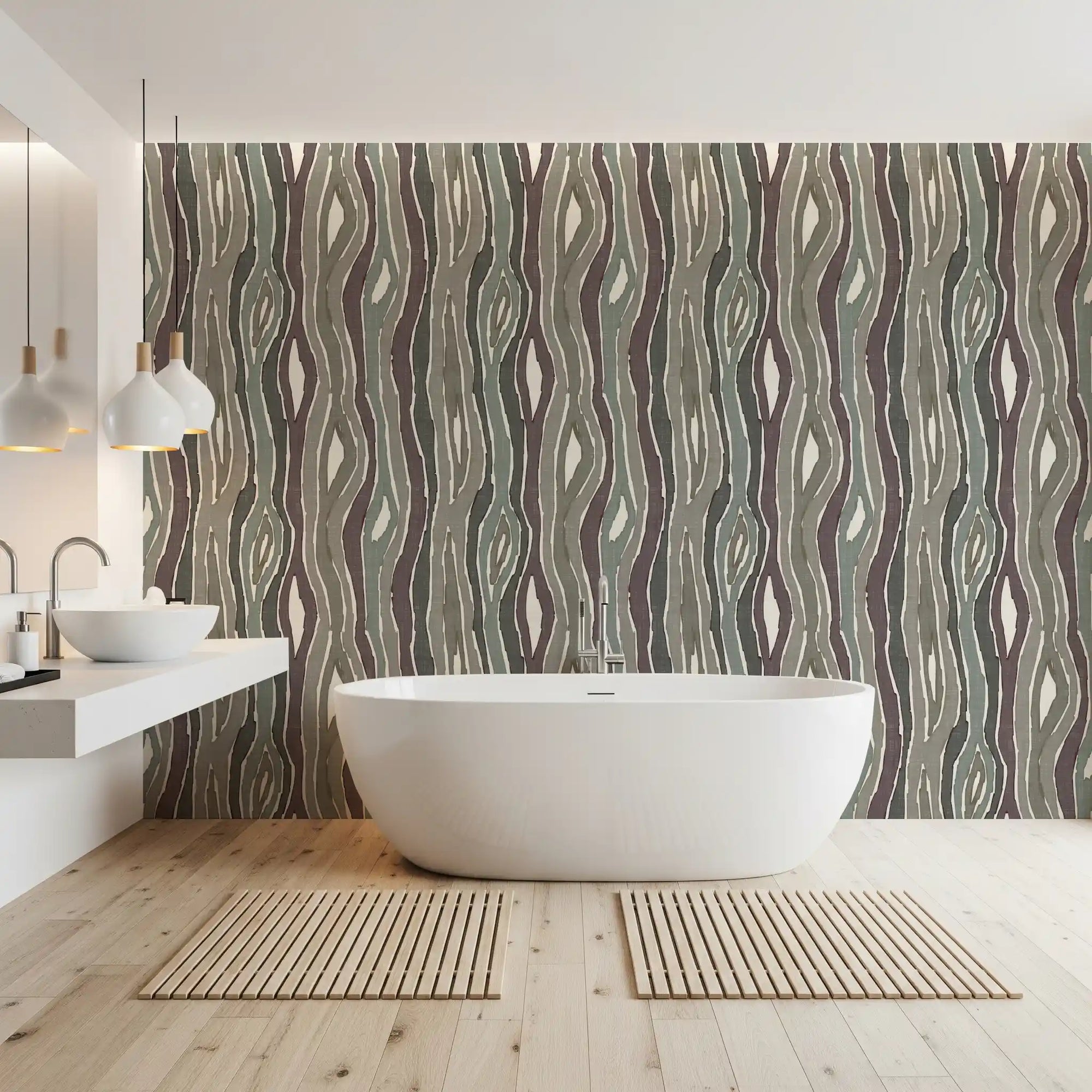 Bathroom balanced beside wavy organic woodgrain earthy muted wallpaper, smoky bands, GD10715