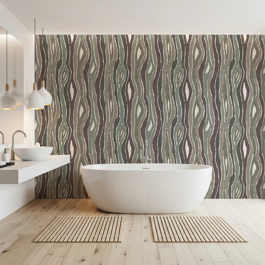 Bathroom balanced beside wavy organic woodgrain earthy muted wallpaper, smoky bands