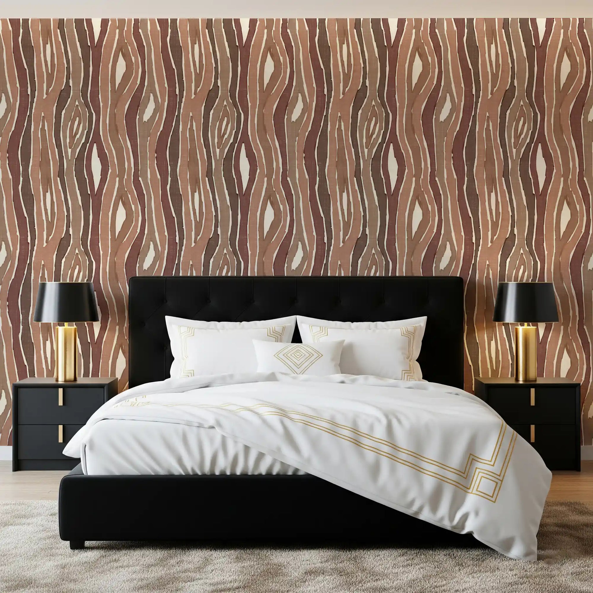 Bedroom lined by Organic Wavy Woodgrain Stripes Earthy Clay Wallpaper, GD10717
