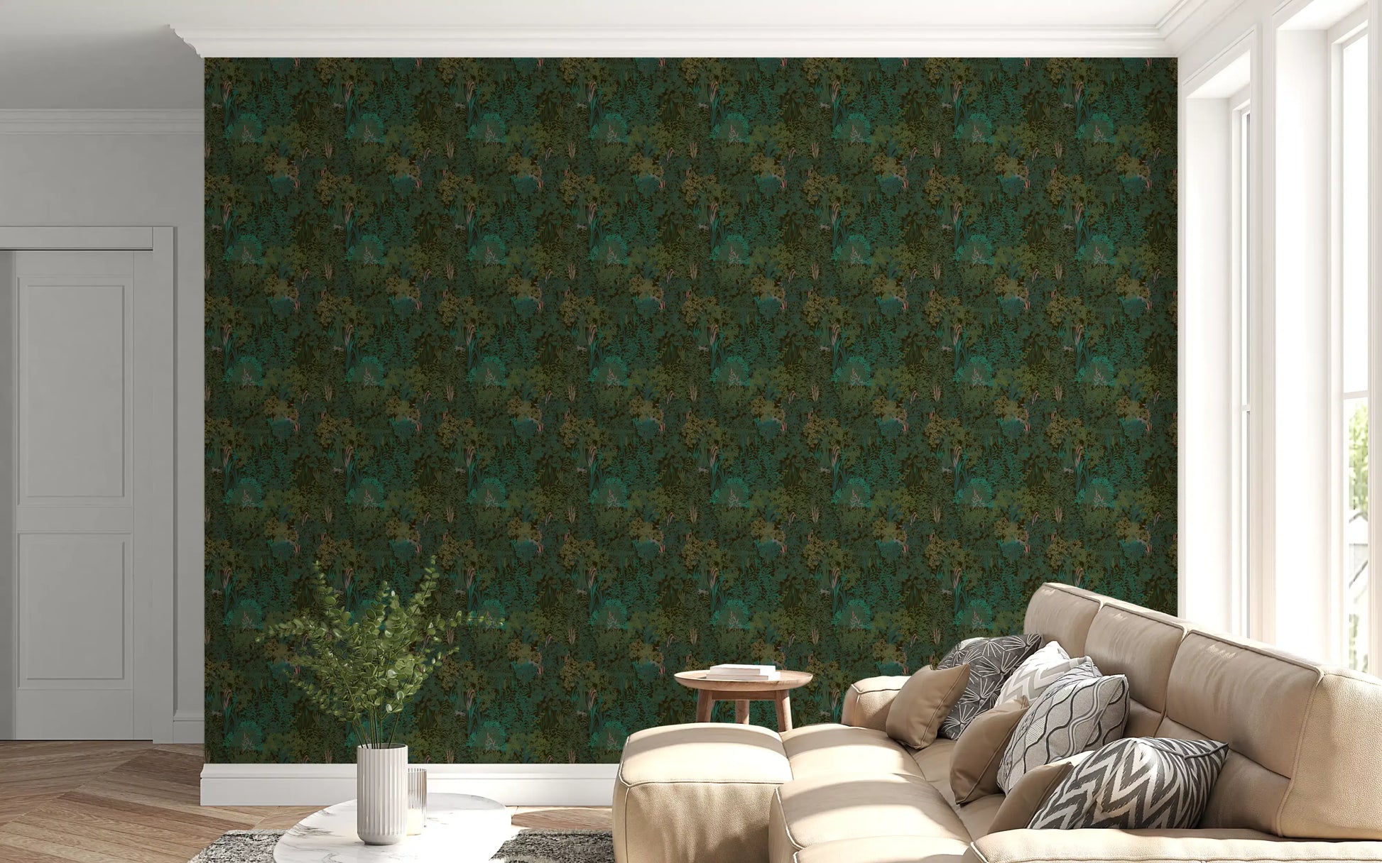 Enchanted Forest Walk: Deep Green Botanical Wallpaper⁠