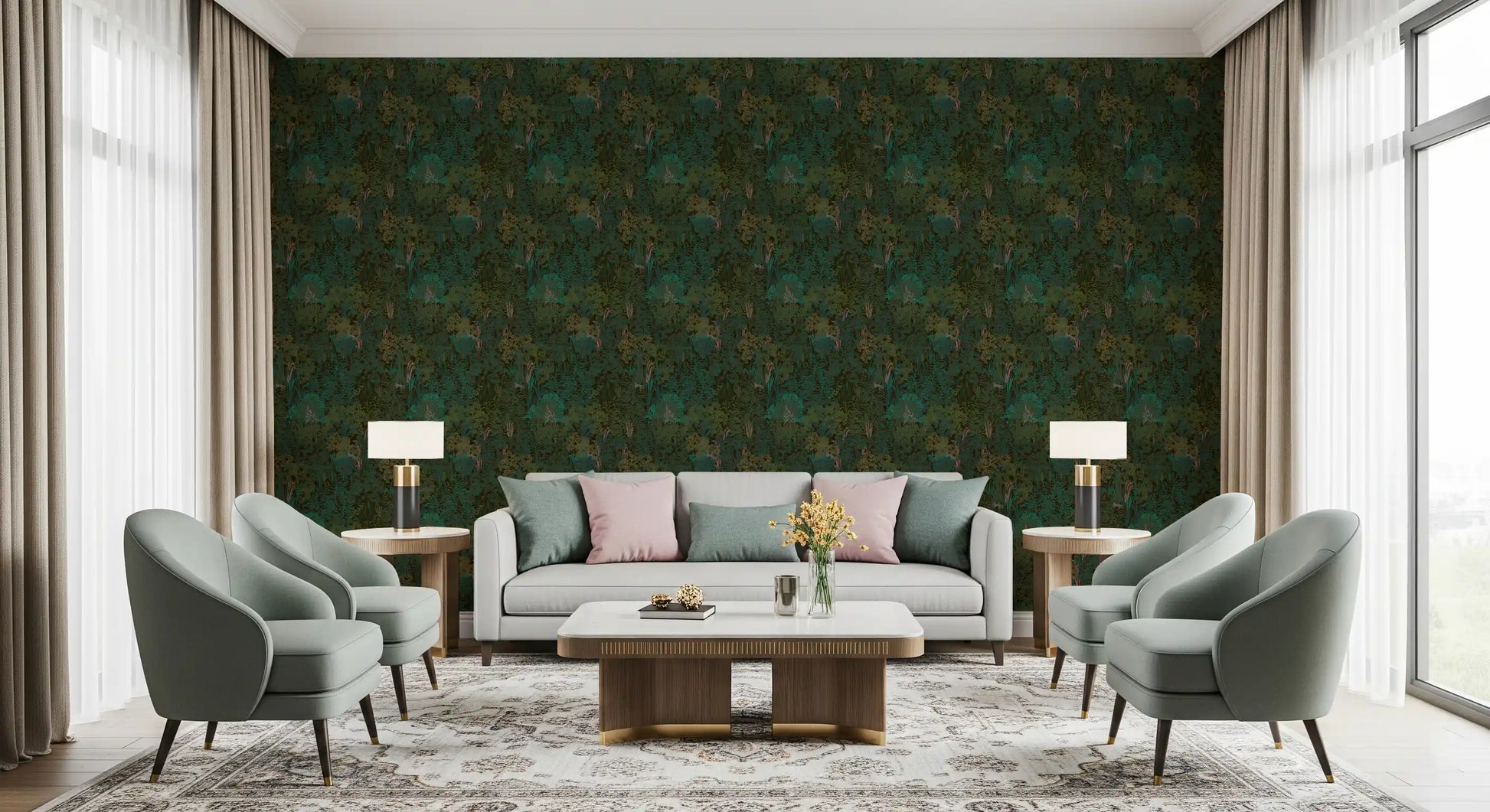 Enchanted Forest Walk: Deep Green Botanical Wallpaper⁠