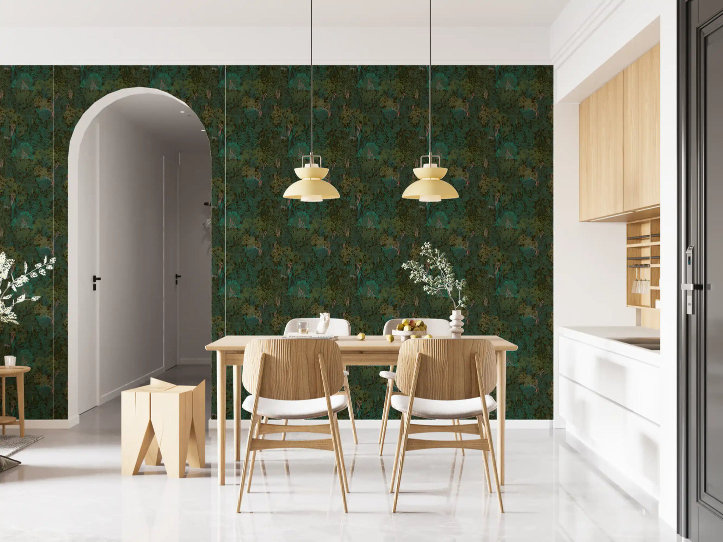 Enchanted Forest Walk: Deep Green Botanical Wallpaper⁠