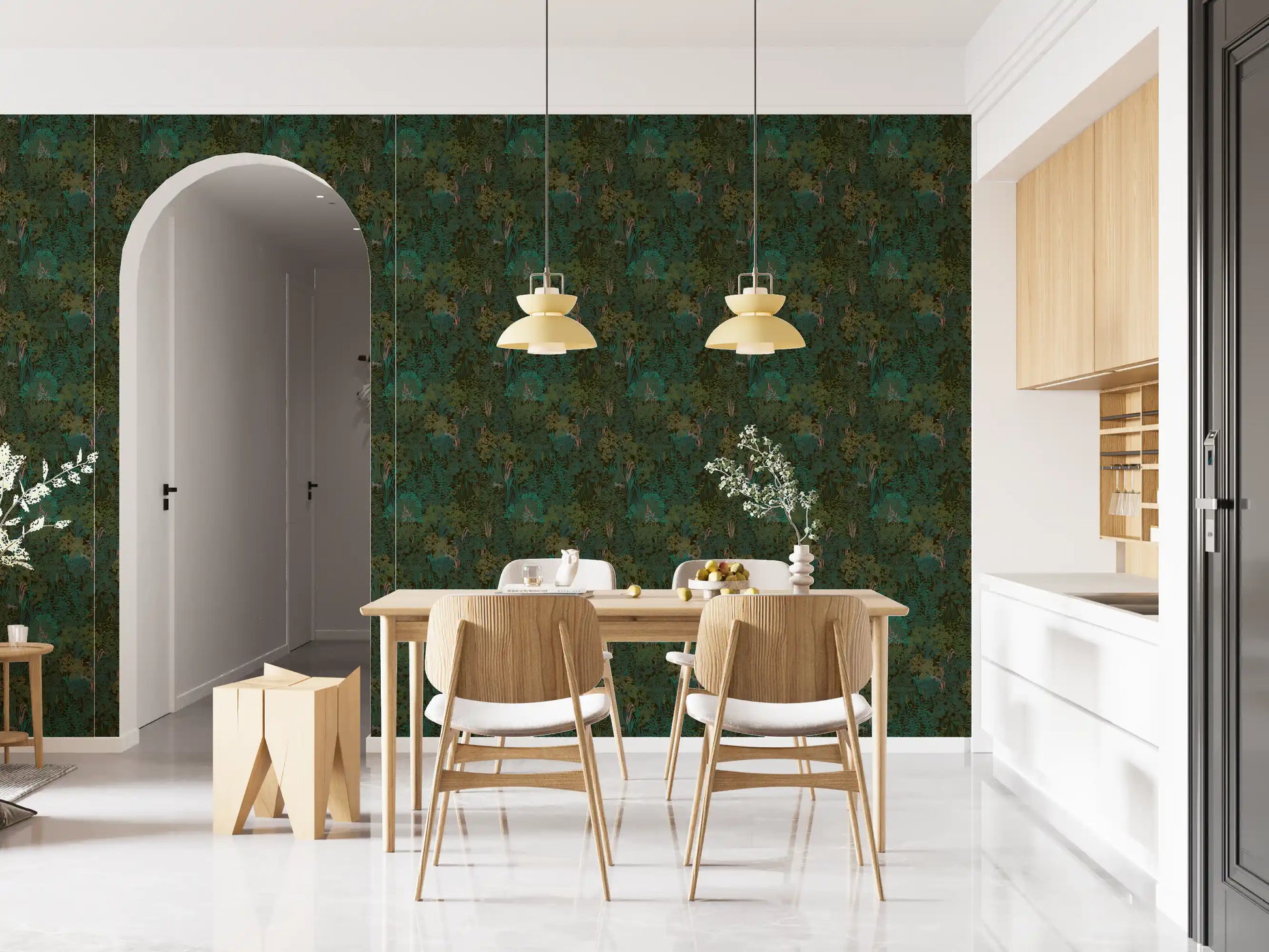Enchanted Forest Walk: Deep Green Botanical Wallpaper⁠