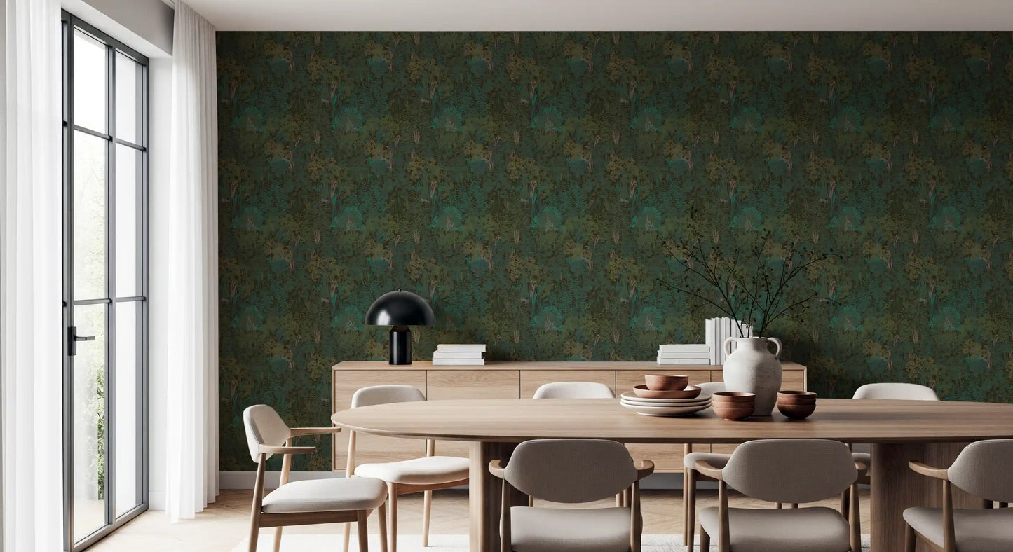 Enchanted Forest Walk: Deep Green Botanical Wallpaper⁠