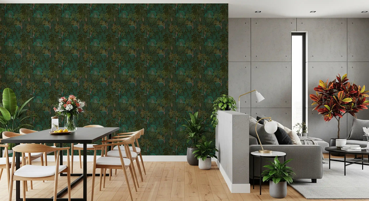 Enchanted Forest Walk: Deep Green Botanical Wallpaper⁠