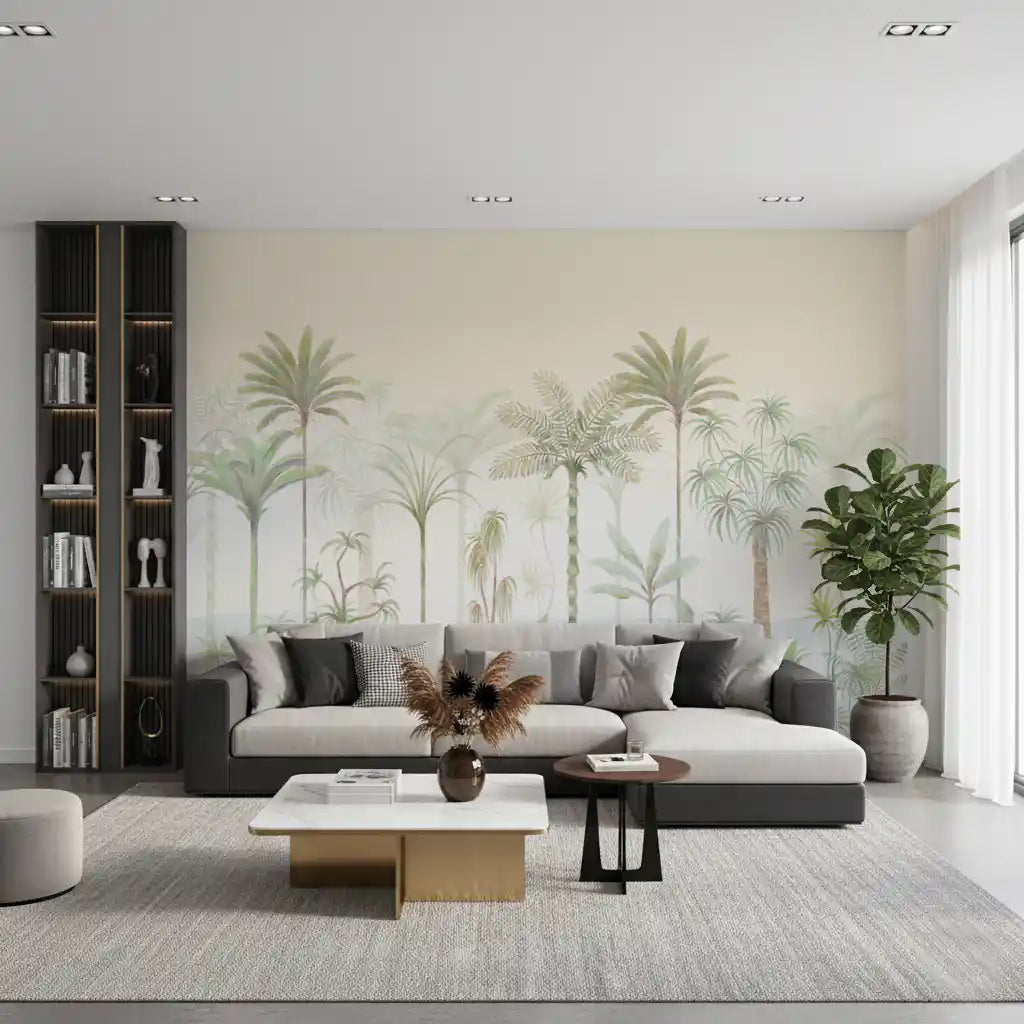 Living room with tropical watercolour palm jungle wall mural GD10727