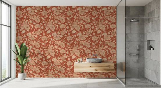 Bathroom with vintage cream and rust botanical wallpaper GD10728
