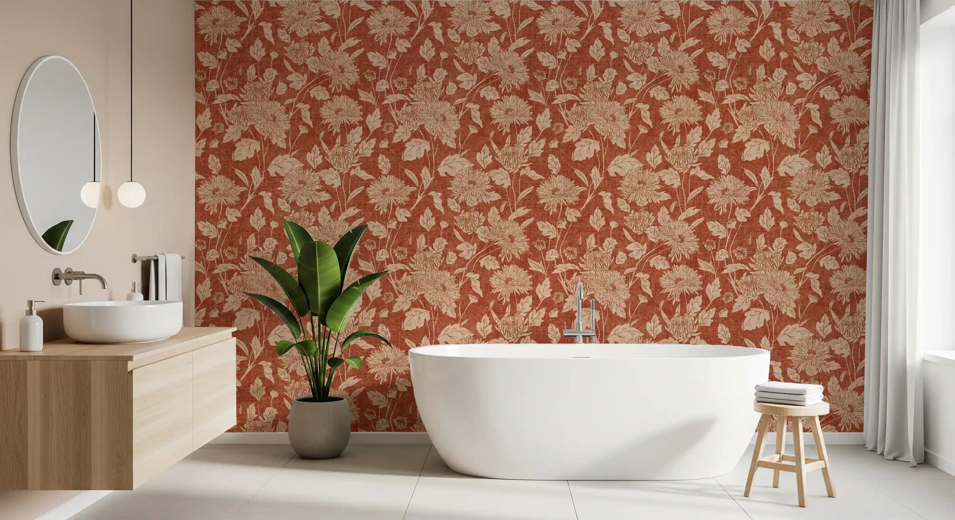 Terracotta Chrysanthemum Vintage Floral Wallpaper Wallpaper⁠