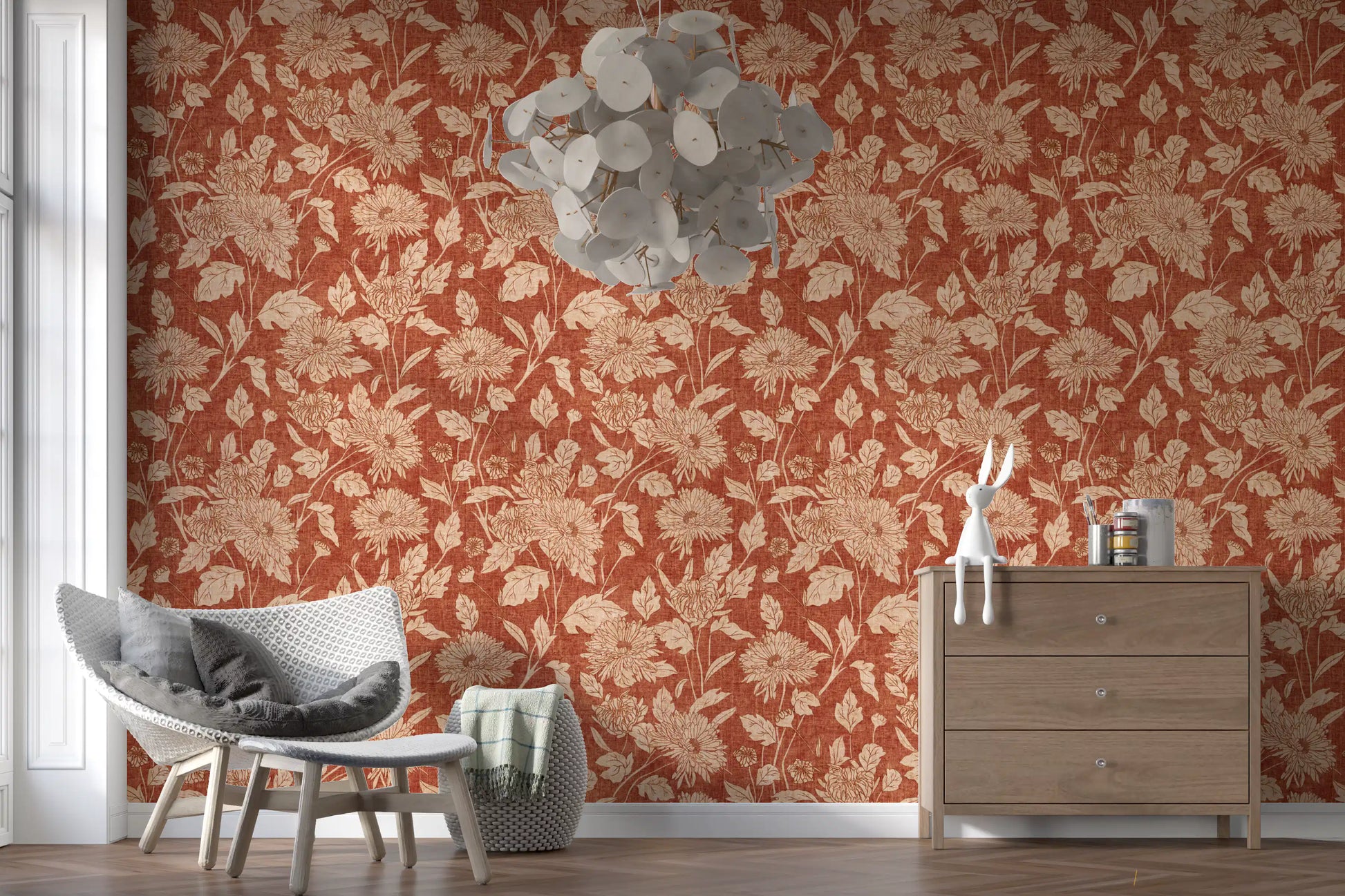 Terracotta Chrysanthemum Vintage Floral Wallpaper Wallpaper⁠
