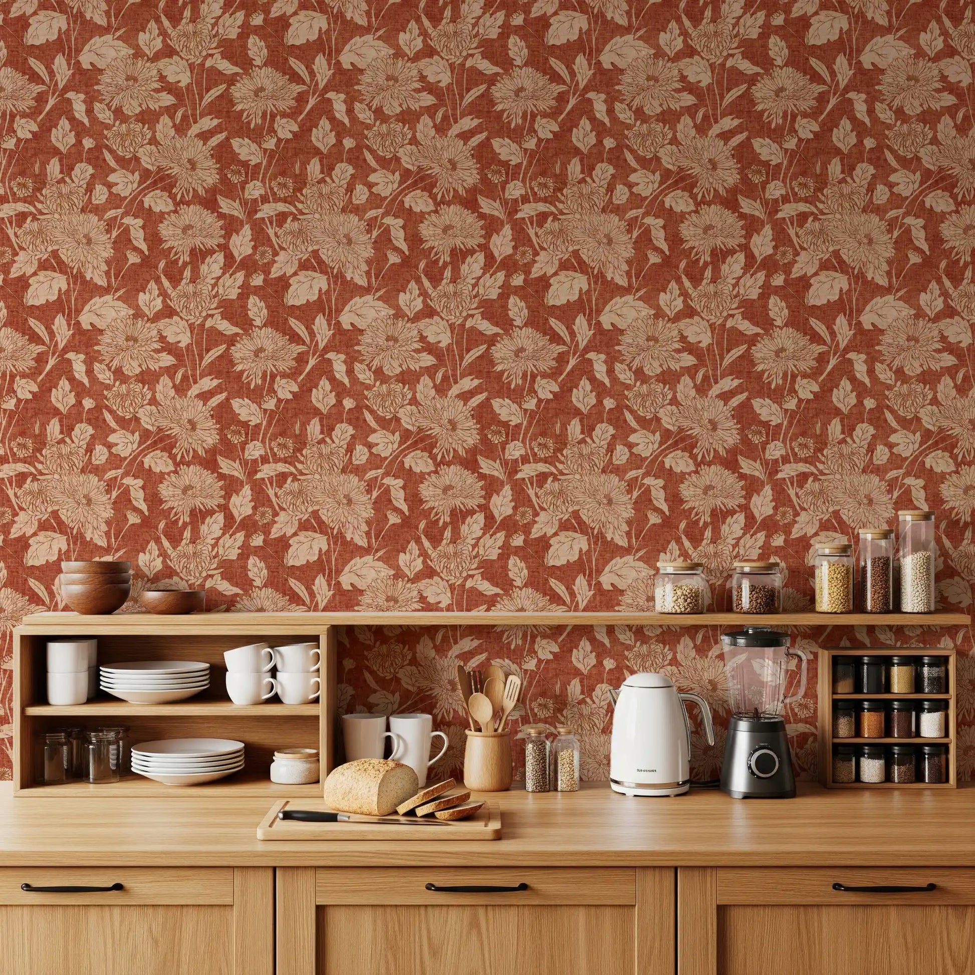 Terracotta Chrysanthemum Vintage Floral Wallpaper Wallpaper⁠