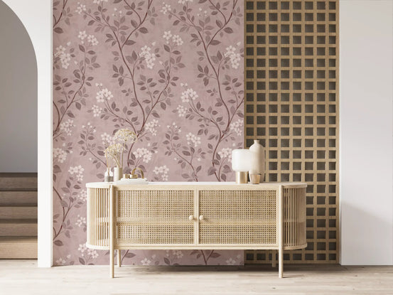 White blossom clusters on curving branches blush chinoiserie wallpaper for hallway GD10730