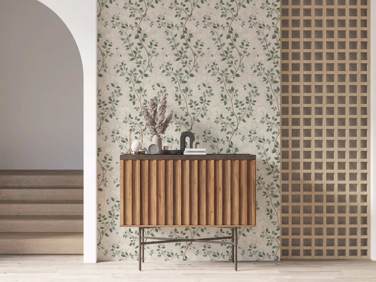 Hallway with green leaf and white flower trailing wallpaper GD10731
