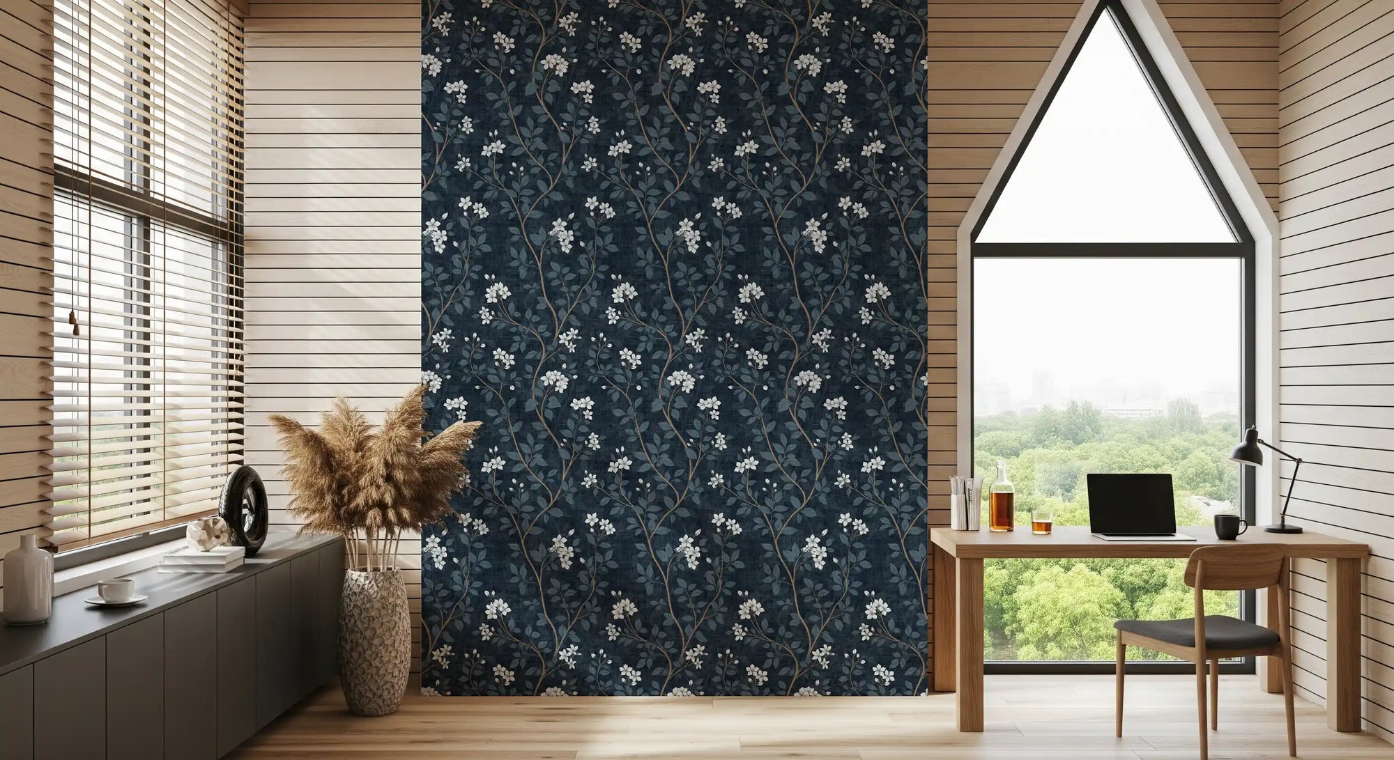 Study room with navy botanical wallpaper and white flower branches GD10732 