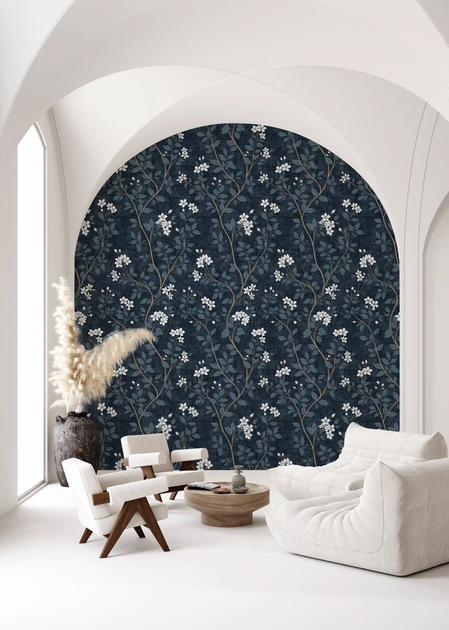 Elegant White Blooms on Indigo Linen Wallpaper⁠