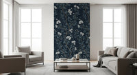 Elegant White Blooms on Indigo Linen Wallpaper⁠
