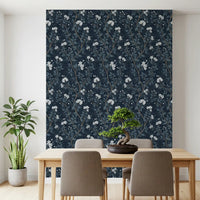 Elegant White Blooms on Indigo Linen Wallpaper⁠