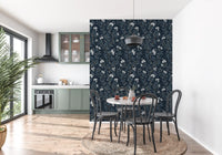 Elegant White Blooms on Indigo Linen Wallpaper⁠
