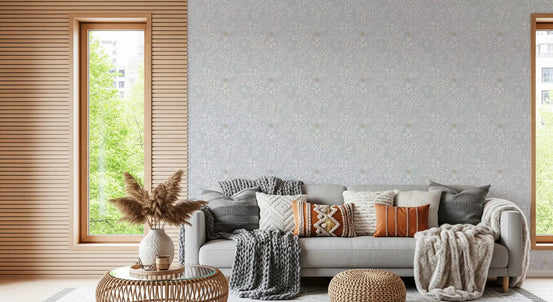 Living room with cool grey meadow wallpaper showing white daisies and leaves GD10734