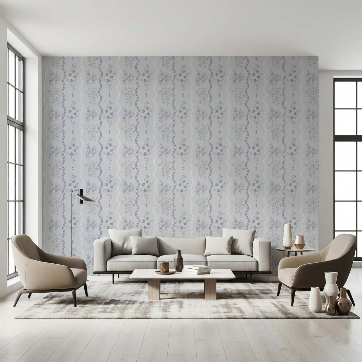 Lavender flower clusters with wavy stripes on pale grey wallpaper in living room GD10735