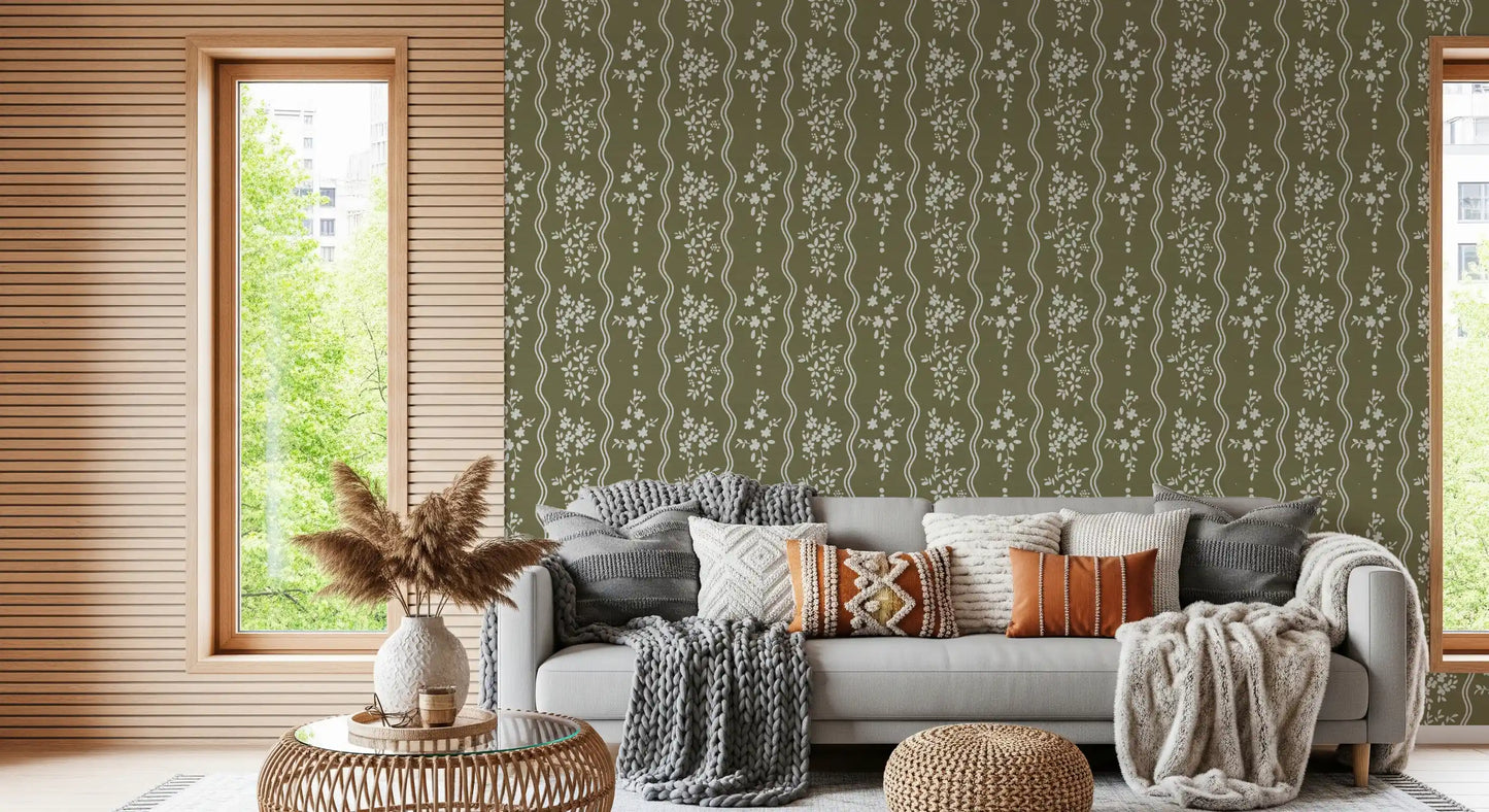 Olive Meadow Wavy Stripe Wallpaper Wallpaper⁠
