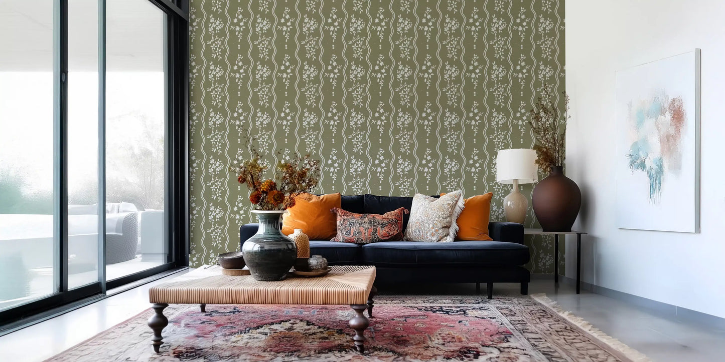 Olive Meadow Wavy Stripe Wallpaper Wallpaper⁠