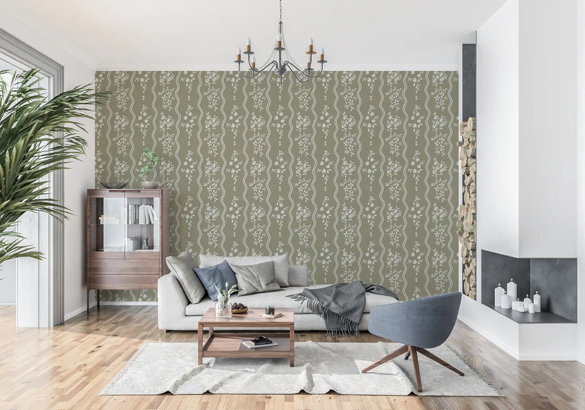 Living room with olive floral wallpaper showing wavy trails and blooms GD10736