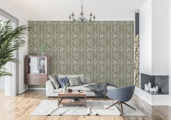 Living room with olive floral wallpaper showing wavy trails and blooms GD10736