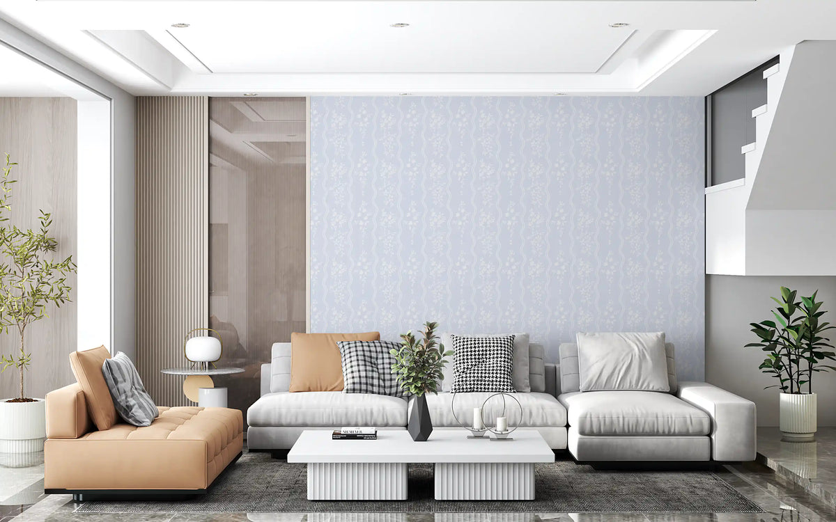 White floral silhouettes on pastel blue meadow wallpaper in living room GD10738