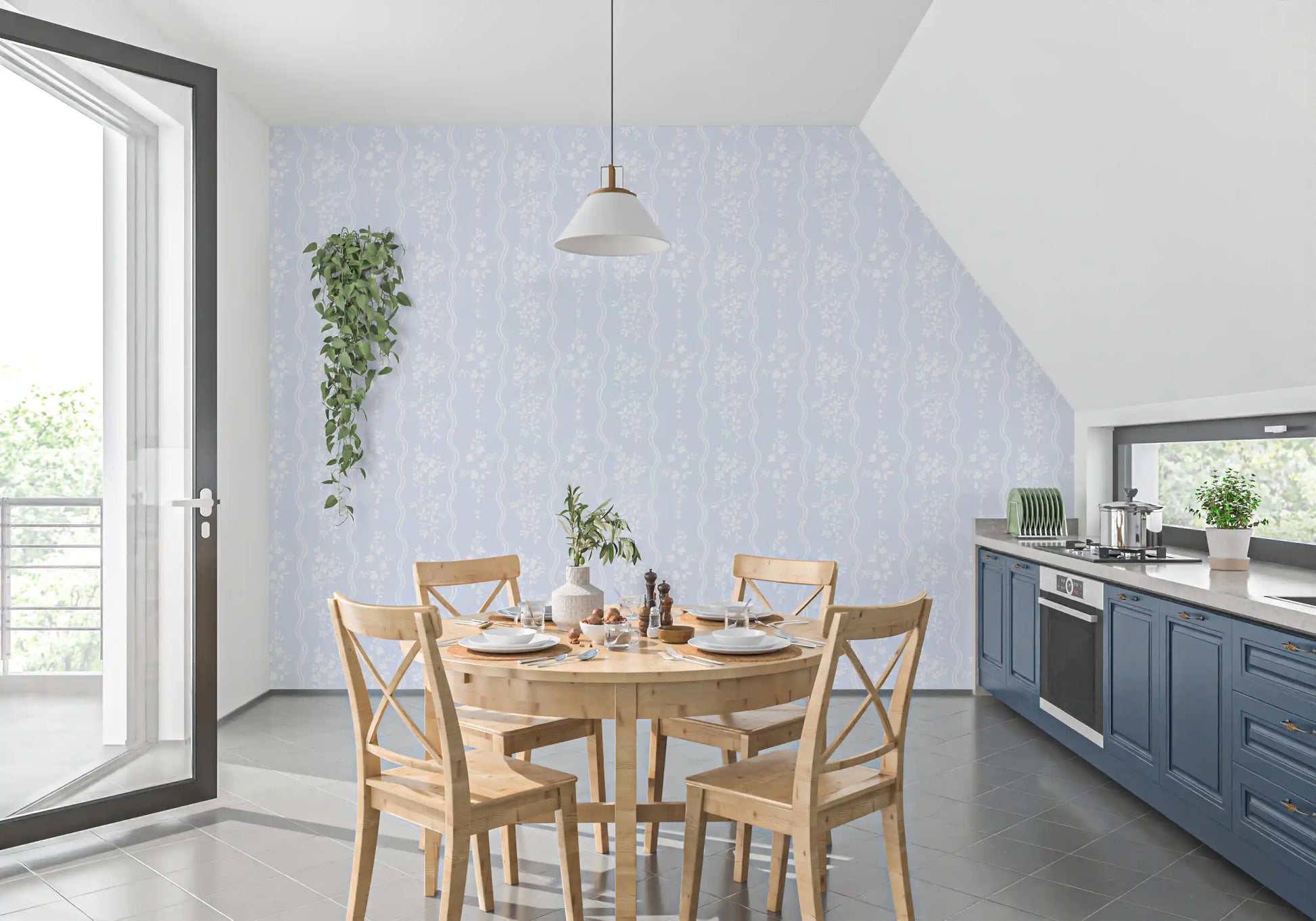 Whispering Meadow Pastel Blue Floral Stripe Wallpaper⁠