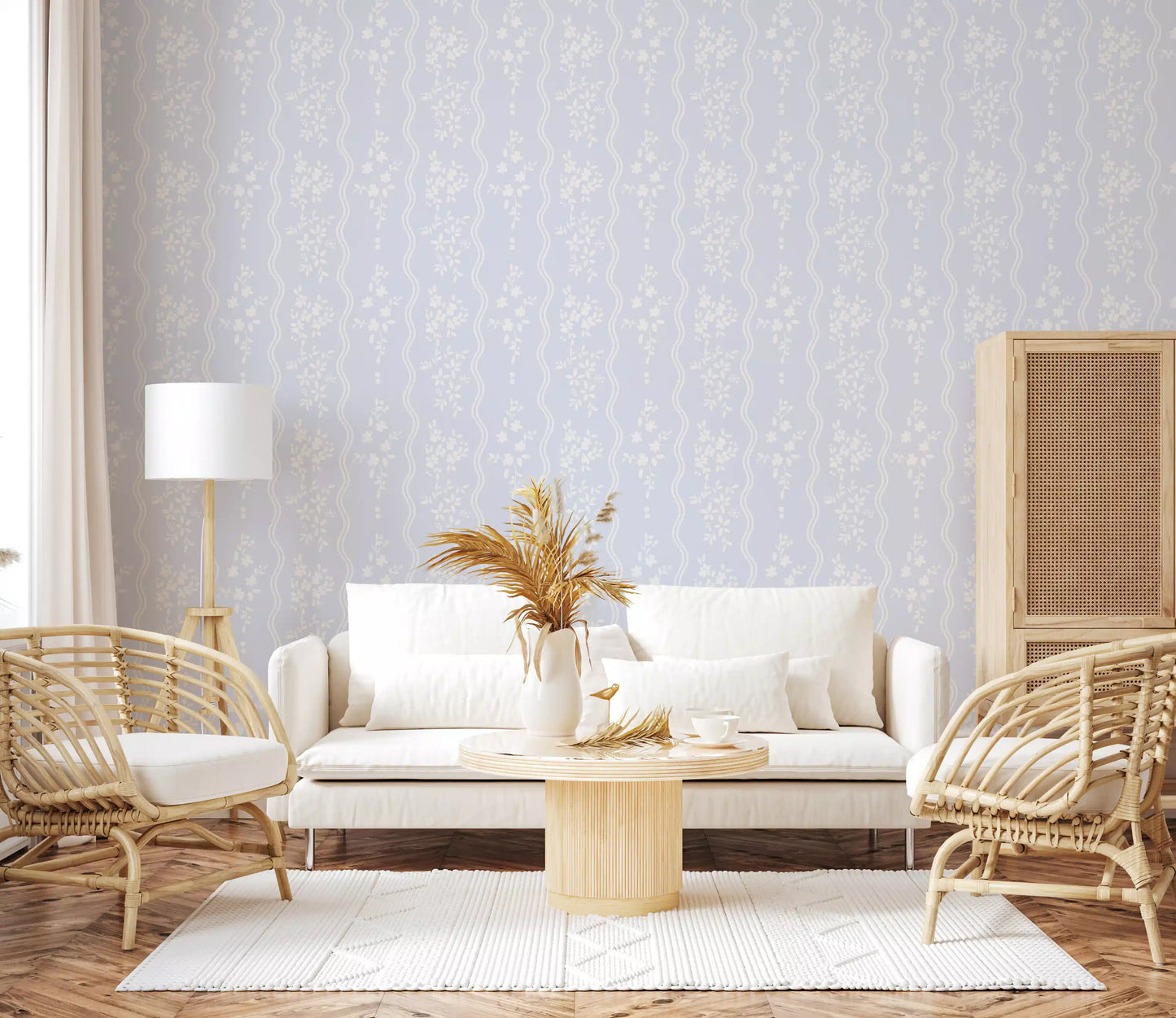 Whispering Meadow Pastel Blue Floral Stripe Wallpaper⁠
