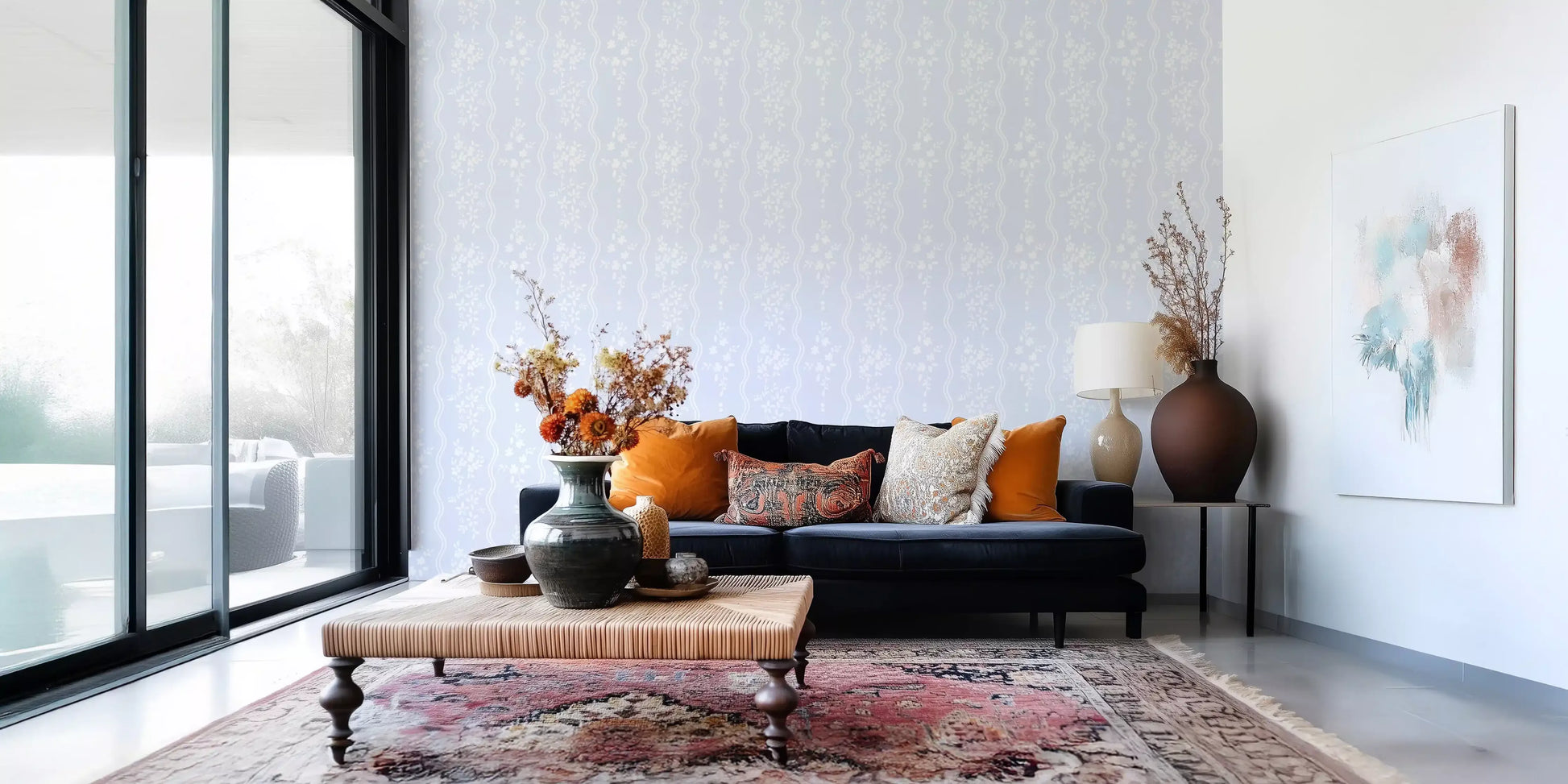 Whispering Meadow Pastel Blue Floral Stripe Wallpaper⁠