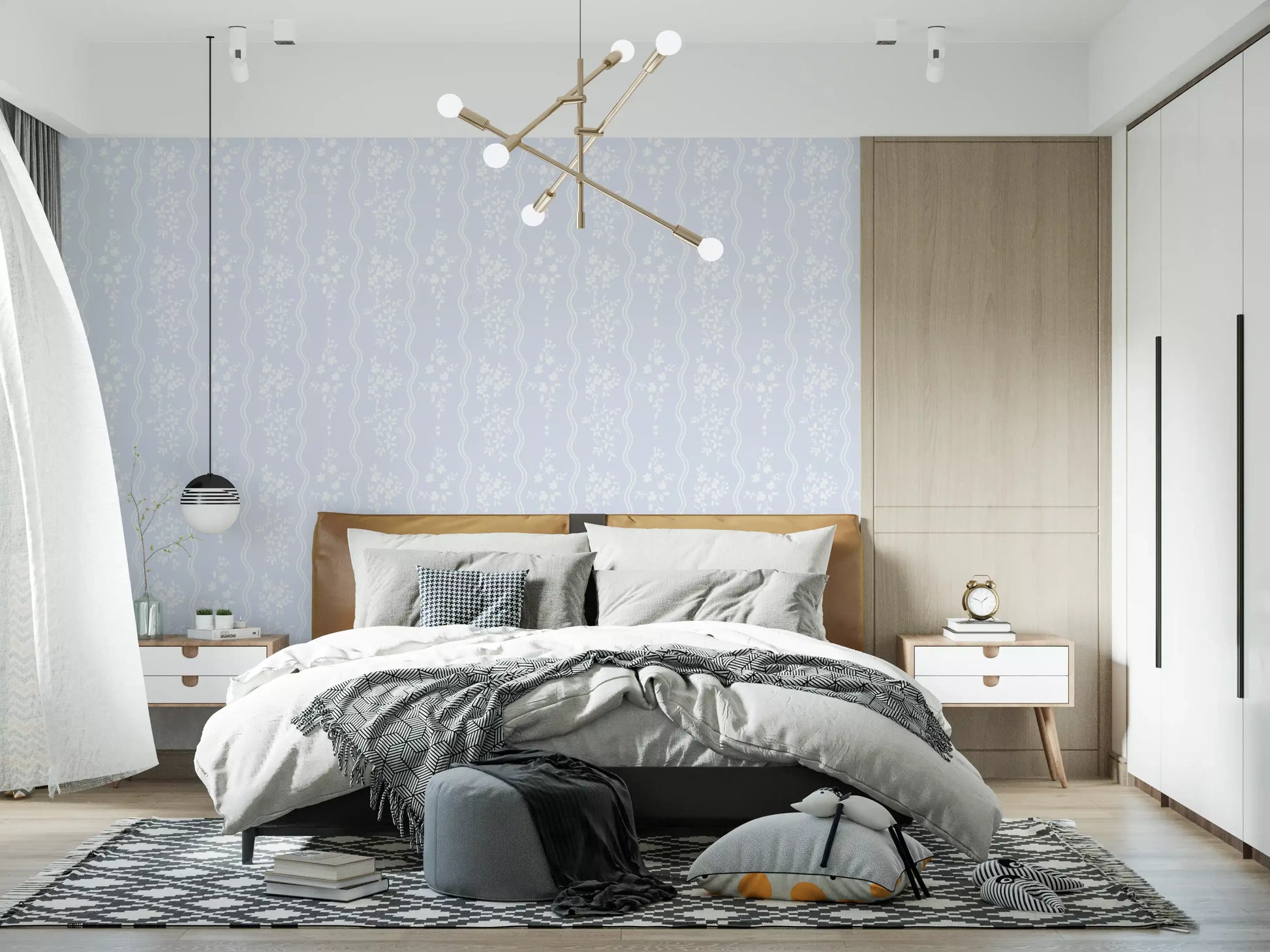 Whispering Meadow Pastel Blue Floral Stripe Wallpaper⁠