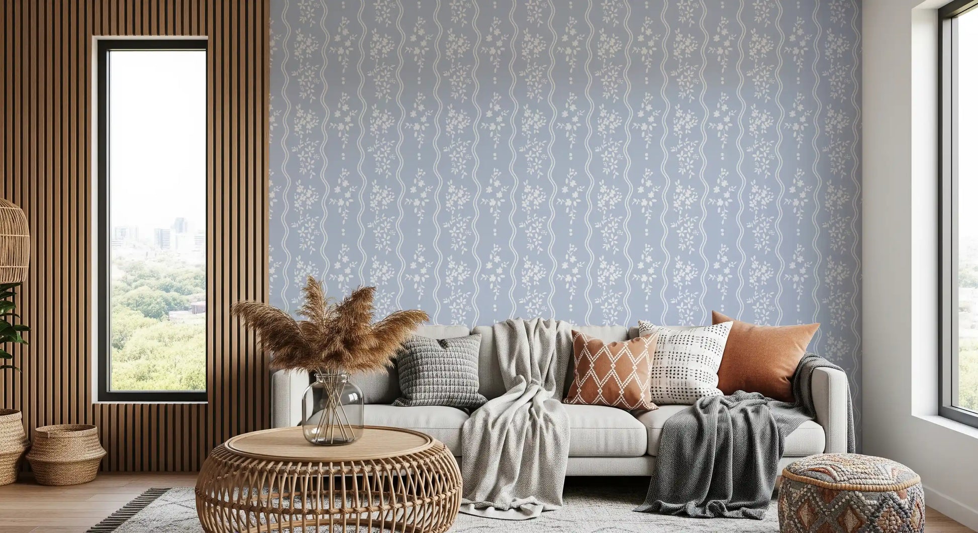 Soft Blue Dainty Floral and Wavy Stripe Wallpaper Wallpaper⁠