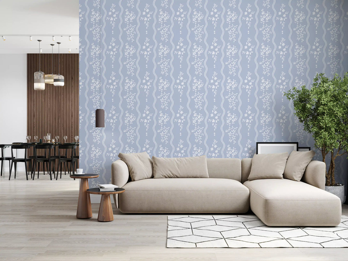 Soft Blue Dainty Floral and Wavy Stripe Wallpaper Wallpaper⁠