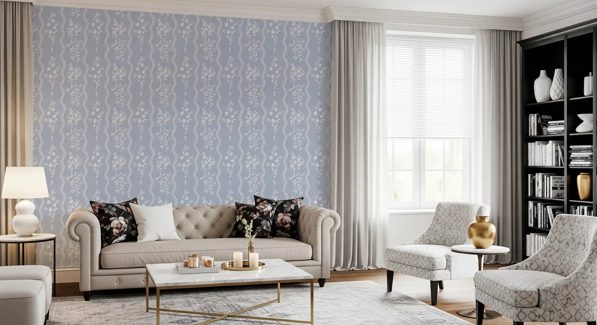 Soft Blue Dainty Floral and Wavy Stripe Wallpaper Wallpaper⁠