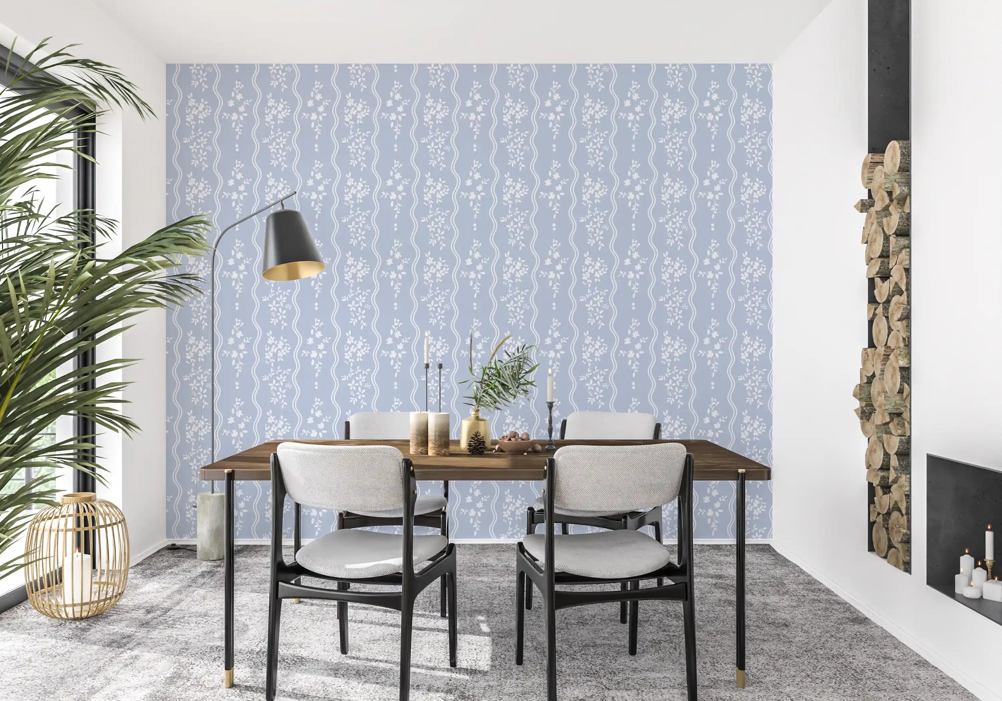 White petal clusters on soft blue-grey dainty floral wallpaper in dining room. GD10739 