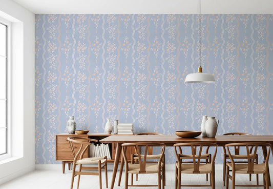 Peach wildflowers and cream leaves on blue wavy stripe wallpaper in dining room. GD10740 