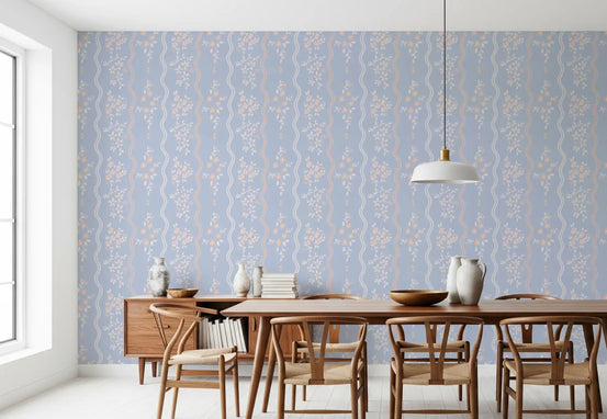 Peach wildflowers and cream leaves on blue wavy stripe wallpaper in dining room. GD10740 