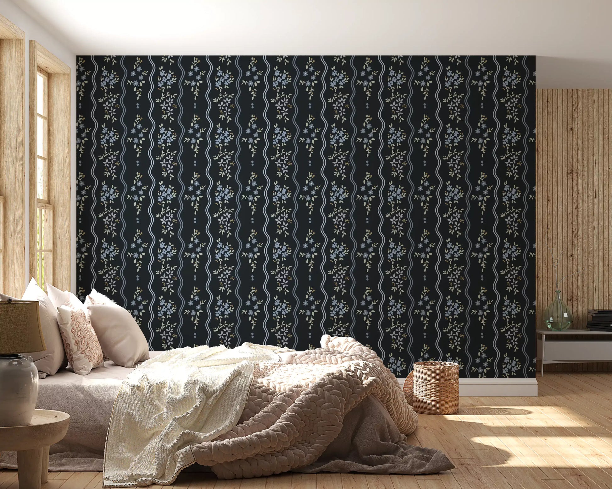 Midnight Meadow Wavy Floral Wallpaper Wallpaper⁠