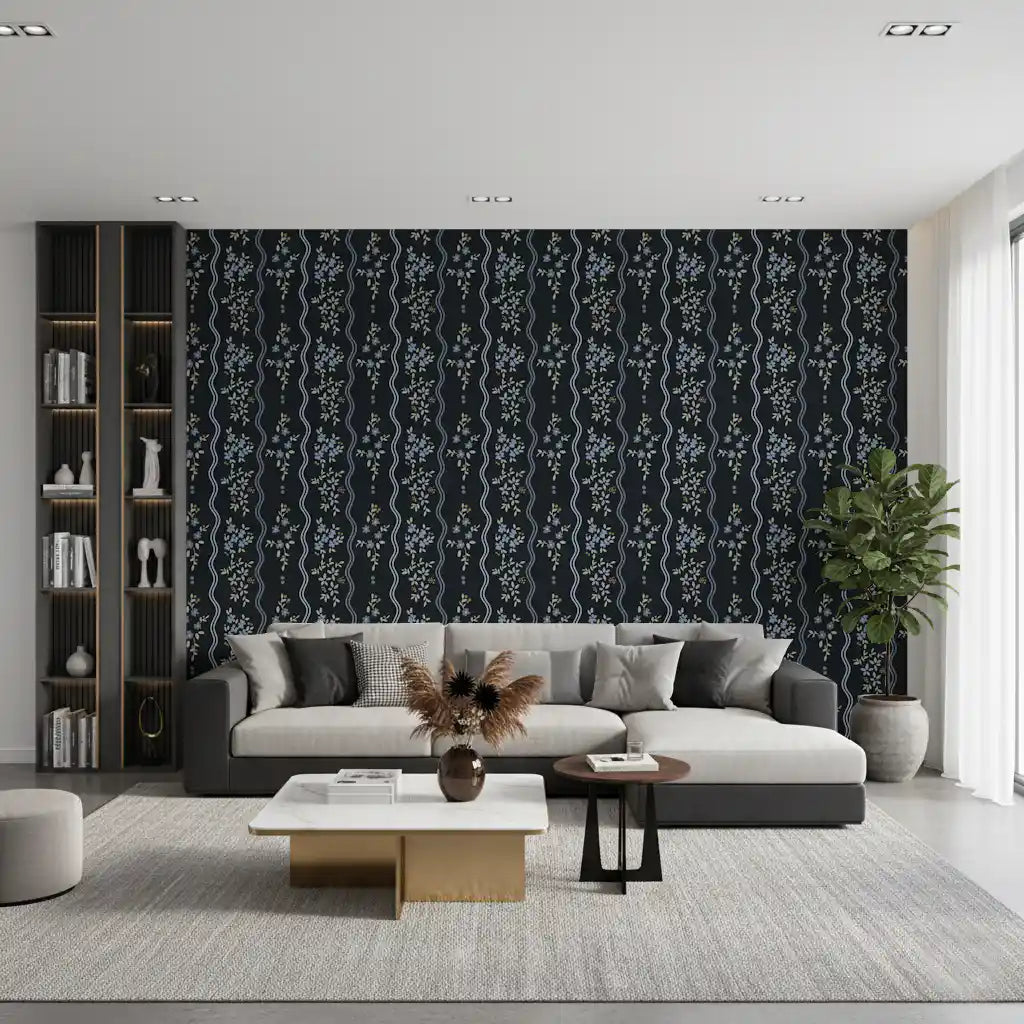 Midnight Meadow Wavy Floral Wallpaper Wallpaper⁠