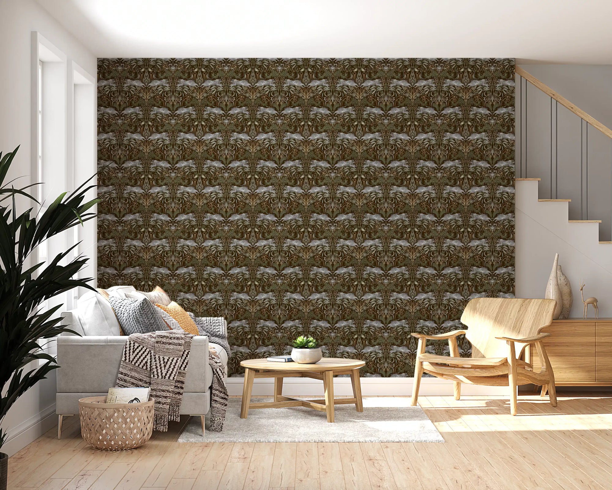 Mirrored silver-grey lynx figures on dark brown tapestry wallpaper in living room GD10743